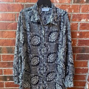 Diane Von Furstenberg Vintage Womens 2X 3X Black Sheer Floral Button Down Blouse